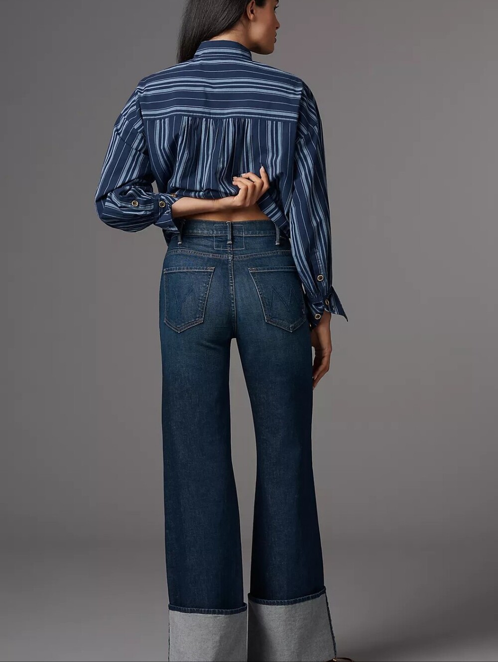 MOTHER High Rise Wide Leg Jeans in Dark Indigo with Contrast Cuffs - Picture 4 of 15